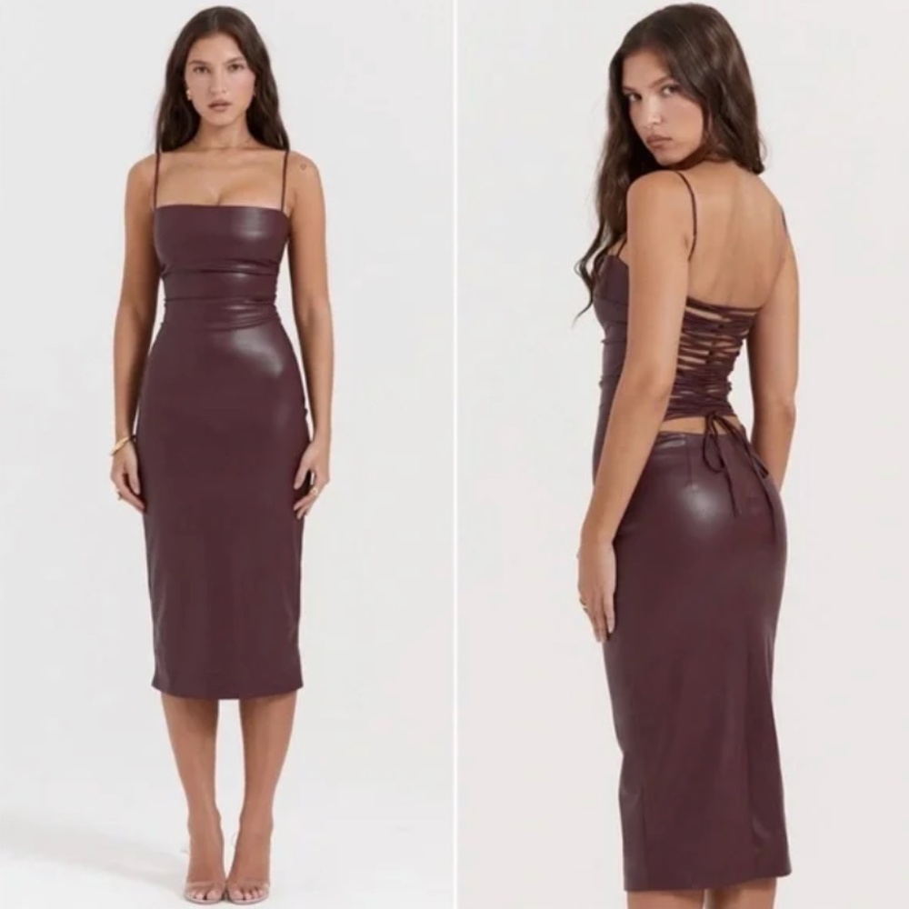 House of CB Burgundy Faux Leather Lace-Up Midi Dress